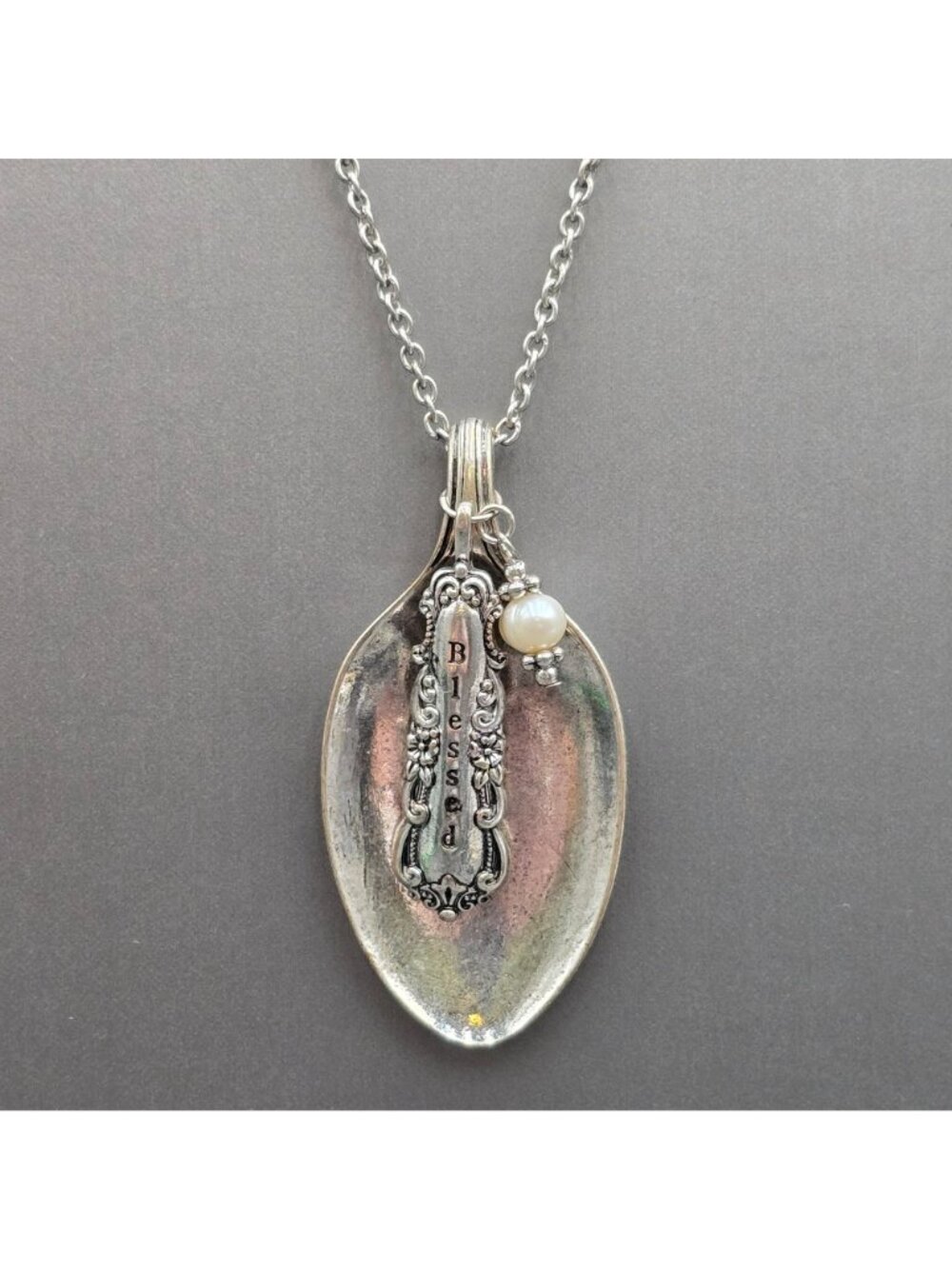 Vintage Blessed Spoon Pendant Necklace Silver Pearl Long Boho Statement Piece - Picture 2 of 16